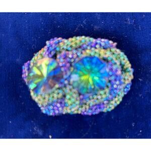Vintage Purple Green Beaded Gemstone Brooch 2" x 1.75" Wearable Art